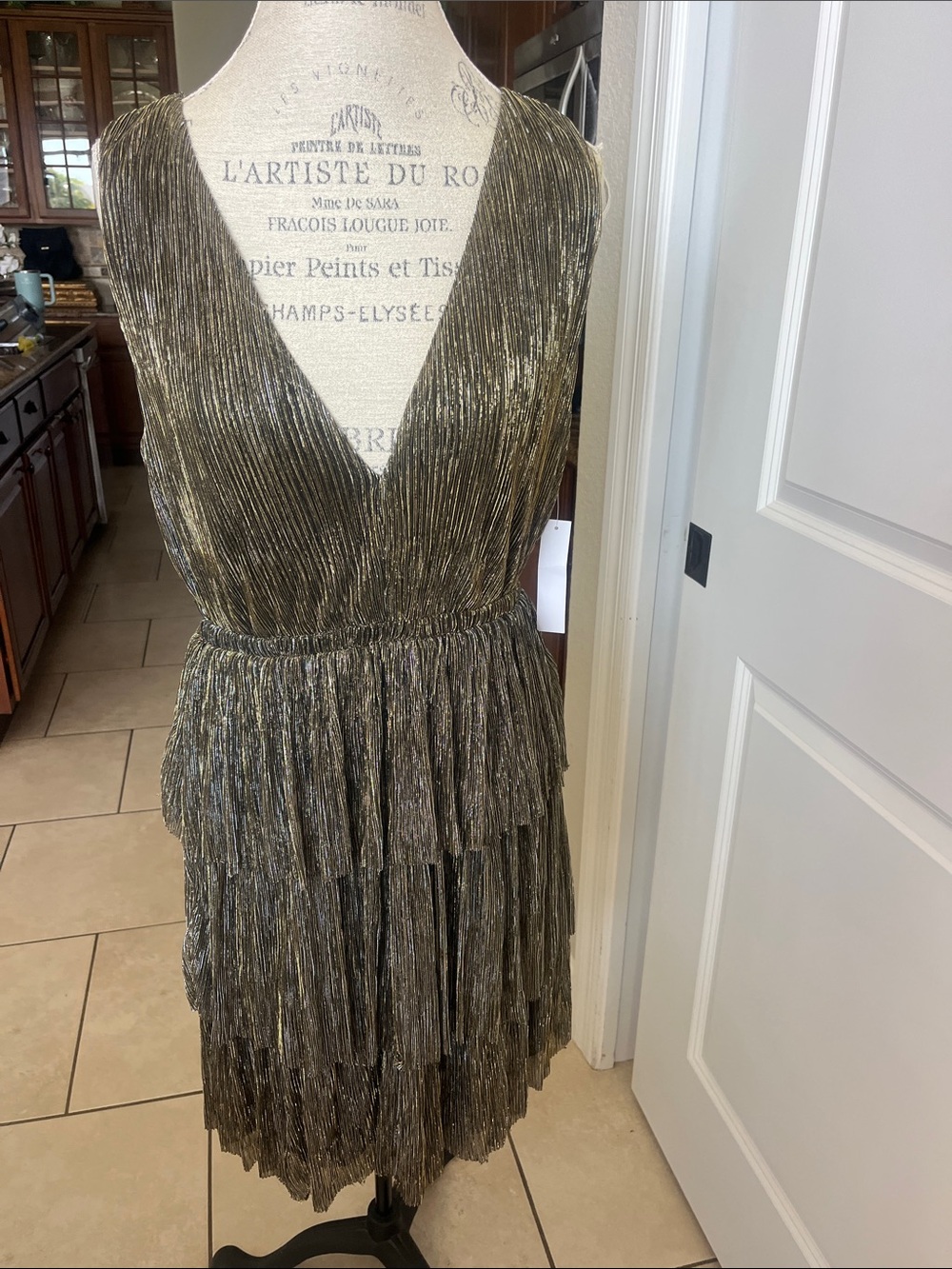 VENUS Metallic Gold Pleated Tiered V-Neck Dress